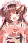  1girl :d apron bell blue_archive blurry blurry_background blurry_foreground bow brooch brown_hair commentary_request eyes_visible_through_hair frilled_apron frilled_hairband frills hair_bell hair_bow hair_ornament hair_ornament_request hairband halo harness heart heart_brooch heart_hands highres japanese_clothes jewelry jingle_bell kimono long_hair looking_at_viewer maid_headdress moe_moe_kyun! one_eye_closed open_mouth pink_bow pink_hair pink_halo pink_kimono shizuko_(blue_archive) smile solo tosiosito two_side_up violet_eyes white_apron white_hairband 