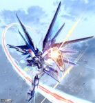  assassin_silver clouds freedom_gundam glowing glowing_eye gun gundam gundam_seed highres holding holding_gun holding_weapon laser looking_to_the_side mecha mecha_focus mechanical_wings mobile_suit no_humans robot science_fiction shield sky solo weapon wings yellow_eyes 