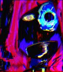  1girl abstract blood blood_on_face blue_fire cape chromatic_aberration colored_sclera fire flaming_eye hood hooded_cape little_red_riding_hooded_mercenary lobotomy_corporation looking_at_viewer madotsuki_ren missing_eye portrait project_moon red_cape solo yellow_sclera 