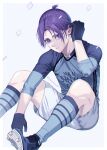  1boy blue_footwear blue_lock blue_shirt blue_socks border character_request closed_mouth expressionless foot_out_of_frame hand_in_own_hair highres long_sleeves male_focus ponytail purple_hair shioritaweb shirt short_hair shorts sitting socks solo twitter_username two-tone_shirt violet_eyes white_background white_border white_shorts 