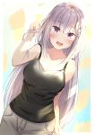  1girl bare_shoulders black_tank_top blush breasts brown_pants collarbone commission contemporary cowboy_shot emilia_(re:zero) hair_ornament highres holding holding_hair long_hair looking_at_viewer medium_breasts open_mouth pants re:zero_kara_hajimeru_isekai_seikatsu simple_background skeb_commission smile solo standing tank_top tomaco violet_eyes white_hair x_hair_ornament 