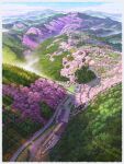  blue_sky border building cherry_blossoms clouds commentary_request day highres mountain mugumo_24k nara_(city) no_humans original outdoors power_lines railroad_tracks road scenery signature sky spring_(season) train train_station train_station_platform white_border 