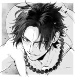  1boy collarbone commentary_request dust freckles greyscale hair_between_eyes hat highres jewelry looking_at_viewer male_focus monochrome nakumonaga_uma necklace one_piece parted_lips pearl_necklace portgas_d._ace short_hair solo topless_male upper_body 