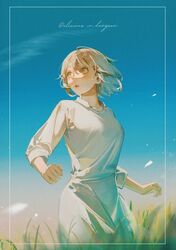  1girl :o blonde_hair blue_eyes border copyright_name day dress dungeon_meshi falin_touden grass highres kuramochi_(mochi_kura_008) long_dress long_sleeves looking_to_the_side medium_hair outdoors solo standing teeth upper_teeth_only white_border white_dress yellow_eyes 