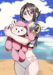  1girl absurdres beach bikini black_hair bleach blue_sky chappy clouds collarbone cowboy_shot hair_between_eyes hair_bun highres holding holding_stuffed_toy kuchiki_rukia looking_at_viewer midriff ocean sky sparkle stomach stuffed_animal stuffed_rabbit stuffed_toy sweatdrop swimsuit violet_eyes white_bikini xi_luo_an_ya 