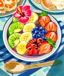  banana banana_slice blueberry bowl flower food food_focus fruit kiwi_(fruit) kiwi_slice no_humans original pink_flower raspberry shrimp shunkashuntou strawberry strawberry_slice table wooden_spoon 