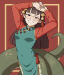  1girl arms_up bell blunt_bangs breasts bright_pupils brown_eyes brown_hair china_dress chinese_clothes dress glasses green_dress grin hair_bell hair_ornament highres lamia long_hair looking_at_viewer mole mole_above_mouth monster_girl monsterification original pointy_ears realda_(vibrantrida) red_background round_eyewear small_breasts smile solo teeth vibrantrida white_pupils yellow-framed_eyewear 