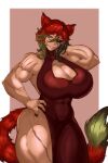  absurdres animal_ears breasts cat_ears cleavage_cutout clothing_cutout dress green_eyes green_hair highres large_breasts milka01477 muscular muscular_female nail_polish original red_eyes redhead scar tail thick_thighs thighs 
