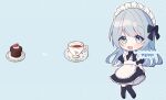  1girl :3 akuo_11 apron blue_background blue_eyes blue_hair blush bow cake commission cup dress food full_body long_hair looking_at_viewer maid maid_headdress open_mouth original plate saucer skeb_commission smile solo teacup thigh-highs 
