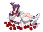  1boy apple black_hair blue_socks box food fruit highres in_box in_container jacket kieran_(pokemon) long_sleeves male_focus multicolored_hair off_shoulder open_clothes open_jacket pokemon pokemon_sv purple_hair red_tank_top shoes shorts simple_background sitting socks solo tank_top white_background white_footwear white_jacket white_shorts yoya_1713 