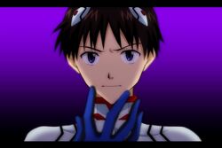  1boy blue_eyes blue_gloves brown_hair closed_mouth commentary gloves gradient_background hand_up highres ikari_shinji interface_headset letterboxed looking_at_viewer male_focus neon_genesis_evangelion outstretched_hand plugsuit portrait serious short_hair solo straight-on tousok 