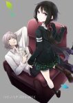  1boy 1girl armchair ayakura_juu black_eyes black_hair black_socks book chair collared_shirt commentary_request grey_hair hair_over_one_eye hair_ribbon holding holding_book hood hoodie loafers long_hair low_ponytail original ribbon shirt shoes sitting skirt socks violet_eyes 