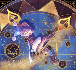  1boy animal_on_lap antenna_hair aquarius_(symbol) asymmetrical_legwear beco_(100me) bird blue_hat blue_thighhighs blush_stickers boots bow bowtie brown_footwear brown_shorts brown_vest buttons checkered_thighhighs chicken clock collared_shirt commentary_request copyright_name cross-laced_footwear dress_shirt earrings fang full_body gold_earrings hat heart heart_earrings heart_in_mouth highres jester_cap jewelry kirby_(series) long_sleeves looking_at_viewer male_focus marx_(kirby) mismatched_legwear multicolored_hair on_lap one_eye_closed open_clothes open_mouth open_vest personification pisces_(symbol) pointy_ears polka_dot_headwear pom_pom_hat_ornament purple_hair red_bow red_bowtie red_hat red_thighhighs rooster sagittarius_(symbol) shirt short_hair shorts single_earring sitting sleeves_past_fingers sleeves_past_wrists smile solo star_(sky) star_(symbol) thigh-highs tongue triangle_print two-tone_hair vest violet_eyes white_shirt 