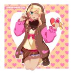 1girl ;p alternate_color androgyne_symbol blonde_hair blush box box_of_chocolates bridget_(guilty_gear) chocolate colored_skin cuffs female_focus food frilled_skirt frills gift gift_box green_eyes guilty_gear guilty_gear_strive habit handcuffs heart heart-shaped_box holding holding_chocolate holding_food holding_gift hood hood_up hooded_jacket hoodie jacket long_sleeves looking_at_viewer medium_hair one_eye_closed open_clothes open_hoodie pink_nails red_skin skirt smile tondabayashi_koori tongue tongue_out yo-yo