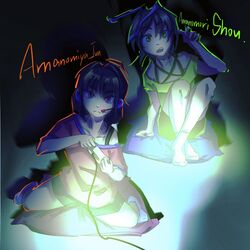  2others amanomiya_jun amanomori_shou androgynous black_hair black_shorts brown_hair character_name closed_mouth controller game_controller green_eyes green_outline green_shirt headset highres holding holding_controller holding_game_controller len&#039;en light looking_at_screen multiple_others open_mouth orange_outline other_focus outline pink_shirt playing_games rainlow red_eyes shirt shorts sitting_on_pillow socks spaghetti_strap v white_socks 