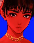  1girl berserk blue_background casca_(berserk) choker close-up commentary_request hair_ornament limited_palette lips nisino2222 portrait short_hair solo 