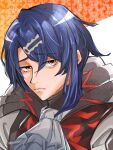  1boy alcryst_(fire_emblem) ascot blue_hair closed_mouth commentary_request coral_3535 fire_emblem fire_emblem_engage hair_between_eyes hair_ornament hairclip high_collar looking_at_viewer male_focus red_eyes shirt short_hair solo white_ascot 