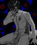  1boy absurdres arjuna_(fate) dark-skinned_male dark_background dark_skin fate/grand_order fate_(series) gloves greyscale_with_colored_background hair_between_eyes hand_over_face highres indian_clothes kneeling long_sleeves looking_at_viewer male_focus potato_goril red_eyes short_hair solo white_gloves wide-eyed 