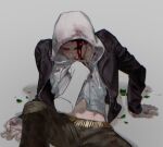  1boy abs bandaged_hand bandages black_jacket blood blood_on_clothes blood_on_face blood_on_hands c2h4_(1849155751) clothes_lift dead_by_daylight from_above hand_on_floor highres hitting hood hoodie hoodie_lift jacket leaning_back looking_down male_focus nosebleed open_clothes open_jacket pov pov_hands scar scar_on_face simple_background sitting spread_legs the_legion_(dead_by_daylight) upper_body white_hoodie 
