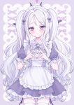  1girl alternate_costume alternate_hairstyle apron blue_archive closed_mouth dress enmaided hair_ribbon hairband halo heart heart_hands highres hina_(blue_archive) horns long_hair looking_at_viewer maid maid_apron maid_headdress ribbon shy solo thigh-highs thighs twintails uxx2ixu violet_eyes white_hair wings 
