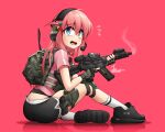  1girl absurdres ar-15 artist_name backpack bag blue_eyes bocchi_the_rock! bulletproof_vest butt_crack cube_hair_ornament ear_protection eotech fingerless_gloves full_body gloves gotoh_hitori gun hair_ornament handgun headset highres holster holstered jestami knee_pads knee_up long_hair looking_back microphone military_operator optical_sight pink_background pink_hair radio_antenna reflection rifle shirt shoes shorts sig_sauer sig_sauer_p320 sight_magnifier sitting sneakers solo sweatdrop t-shirt thigh_holster trigger_discipline weapon 