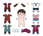  1boy :3 alternate_costume beret bloomers blue_eyes blue_sailor_collar brown_hair chibi completely_nude flower full_body hat highres julian_alfred_pankratz male_focus nude paper_doll pickleforstony sailor_collar sailor_shirt shirt short_hair shorts simple_background smile solo sparse_chest_hair t-pose the_witcher_(netflix) the_witcher_(series) white_background white_bloomers yellow_flower 