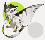  animal_focus bul_(moiko) commentary commission commissioner_name creature fins from_side full_body green_eyes looking_at_viewer no_humans original pawpads simple_background slit_pupils smile solo symbol-only_commentary tail two-tone_background white_background wings 