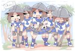  &gt;_&lt; 5girls blue_footwear blue_sailor_collar blue_skirt blue_sky blue_socks brown_gloves brown_hair closed_eyes clouds commentary_request crossbow day faceless faceless_female gloves grey_helmet helmet holding holding_crossbow holding_weapon kneehighs multiple_girls open_mouth original parted_bangs pleated_skirt sailor_collar school_uniform serafuku shaded_face shadow shirt shoes short_sleeves silver_bell skirt sky socks standing translation_request tree trembling v-shaped_eyebrows weapon white_shirt 