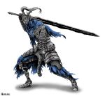  1boy armor artist_name artorias_the_abysswalker asmodiarl blue_cape cape commentary dark_souls_(series) dark_souls_i english_commentary full_armor full_body gauntlets greatsword helm helmet highres holding holding_sword holding_weapon knight male_focus over_shoulder pauldrons plume shadow shoulder_armor solo sword sword_over_shoulder torn_cape torn_clothes weapon weapon_over_shoulder 