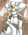  1girl against_wall armor crop_top forehead_jewel green_hair mega_man_(series) mega_man_zx model_w_(mega_man) pandora_(mega_man) power_armor red_eyes robot_girl solo upper_body uriyuripot white_helmet 