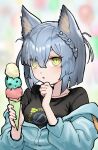  1girl :o absurdres animal_ear_fluff animal_ears arknights balloon black_shirt blue_jacket blurry blurry_background braid breasts collarbone commentary_request delphine_(arknights) depth_of_field eyes_visible_through_hair food grey_hair hair_over_one_eye hands_up highres holding holding_food ice_cream ice_cream_cone jacket landl long_sleeves looking_at_viewer medium_breasts off_shoulder parted_lips puffy_long_sleeves puffy_sleeves shirt short_hair solo triple_scoop yellow_eyes 