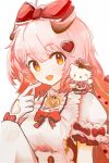  1girl :d ahoge animal_ears apron arknights bow cat_ears cat_girl cat_tail crossover dress finger_to_mouth frilled_apron frilled_bow frilled_sleeves frills gloves goldenglow_(arknights) hair_bow hair_ornament heart heart_hair_ornament hello_kitty hello_kitty_(character) highres long_hair looking_at_viewer official_alternate_costume pink_hair puffy_short_sleeves puffy_sleeves red_bow runamonet sanrio short_sleeves simple_background smile solo tail white_apron white_background white_dress white_gloves yellow_eyes 