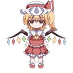  1girl ascot bat_wings blonde_hair chibi crystal flandre_scarlet full_body hat hat_ribbon hexi highres mob_cap multicolored_wings one_side_up pixel_art puffy_short_sleeves puffy_sleeves red_eyes red_skirt red_vest ribbon short_sleeves side_ponytail skirt skirt_set solo touhou vest white_background white_hat wings yellow_ascot 