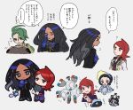  1boy 3girls :o ? black_gloves black_jacket blue_eyes blue_gloves blue_shirt chibi clodsire closed_mouth dark-skinned_female dark_skin eneko_(olavcnkrpucl16a) flying_sweatdrops geeta_(pokemon) glimmet gloves green_hair highres jacket long_hair magnemite magneton multiple_girls multiple_views neck_ribbon official_alternate_costume pants pokemon pokemon_(creature) pokemon_masters_ex pokemon_sv poppy_(pokemon) redhead ribbon rika_(pokemon) shirt silver_(champion)_(pokemon) silver_(pokemon) smile sneasel speech_bubble translation_request yellow_ribbon 