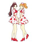  2girls aikatsu!_(series) ascot bad_id bad_twitter_id blowing_kiss blue_eyes brown_hair character_request closed_mouth dress earrings full_body hand_up hat high_heels holding_hands jewelry long_hair looking_at_viewer multiple_girls one_eye_closed ponytail red_ascot red_footwear shiontaso shoes short_sleeves simple_background smile standing white_background white_dress white_hat 