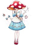  1girl blue_dress blue_skirt cup dairoku_ryouhei dress facing_viewer floral_print full_body gloves hand_up imagawa900 jewelry long_sleeves mushroom_hat necklace petit_grande plate puffy_long_sleeves puffy_sleeves red_footwear skirt smile socks spoon standing sugar_bowl teacup teapot transparent_background white_gloves 