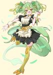  1girl dragon_girl dragon_tail dragon_wings duel_monster fang full_body green_hair green_tail green_thighhighs green_wings highres jigenshin long_hair looking_at_viewer low_wings maid maid_headdress no_nose parlor_dragonmaid solo tail thigh-highs twintails wings wrist_cuffs yellow_eyes yu-gi-oh! 