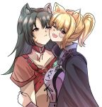 2girls 2girs animal_ears artsdaydream bad_source black_hair cat cat_ears cat_girl cat_tail cloak collar commission commissioner_upload facepaint fire_emblem fire_emblem:_radiant_dawn heterochromia highres monocle multiple_girls one_eye_closed open_mouth orange_hair original pout red_eyes tail violet_eyes white_background