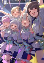  5girls absurdres blonde_hair blue_hair blurry blurry_foreground brown_hair closed_eyes commentary_request demon_girl demon_horns fang grey_hair highres hololive horns idol iruka3 jacket low_twintails maid_headdress medium_hair minato_aqua multicolored_hair multiple_girls murasaki_shion nakiri_ayame official_alternate_costume one_eye_closed oozora_subaru open_mouth purple_hair shirt skin_fang streaked_hair twintails two-tone_hair virtual_youtuber w white_jacket white_shirt yuzuki_choco 