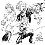  1boy :o bags_under_eyes boku_no_hero_academia chibi clenched_teeth engawaji fighting_stance greyscale highres long_sleeves male_focus monochrome multiple_views on_one_knee outstretched_hand scarf shinsou_hitoshi simple_background spiky_hair teeth u.a._gym_uniform upper_body white_background 