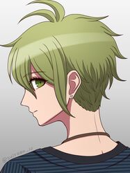  1boy amami_rantaro antenna_hair closed_mouth danganronpa_(series) danganronpa_v3:_killing_harmony earrings from_behind gradient_background green_eyes green_hair grey_background highres jewelry looking_at_viewer looking_back male_focus necklace shirt short_hair solo striped_clothes striped_shirt suiren_yurei 