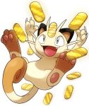  blue_eyes brown_fur cat claws fang feet gold hari_(kureon) looking_up lying meowth no_humans on_back open_mouth pawpads pay_day_(pokemon) pokemon pokemon_(creature) simple_background smile solo two-tone_fur whiskers white_background white_fur 
