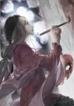  1girl absurdly_long_hair artist_painter blood canvas_(object) dark_souls_(series) dark_souls_iii dress hat highres holding holding_paintbrush kwiaty_k long_hair paintbrush painting_woman_(dark_souls) red_robe robe scar solo very_long_hair white_hair 