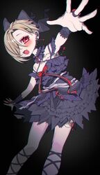  1girl black_background black_dress blonde_hair blush dress earrings flat_chest hair_over_one_eye highres idolmaster idolmaster_cinderella_girls jewelry looking_at_viewer open_mouth reaching reaching_towards_viewer red_eyes ring shine_asahi shirasaka_koume short_hair smile solo 