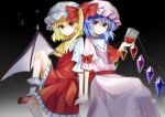  2girls absurdres ascot back-to-back bat_wings blonde_hair blue_brooch blue_hair bobby_socks bow brooch collared_shirt crystal dark_background flandre_scarlet foot_out_of_frame frilled_shirt_collar frilled_skirt frilled_sleeves frills gradient_background hair_between_eyes hair_bow hat highres jewelry light_smile looking_at_viewer mary_janes medium_hair mob_cap multicolored_wings multiple_girls nail_polish one_eye_closed one_side_up pink_hat pink_shirt pink_skirt puffy_short_sleeves puffy_sleeves red_ascot red_bow red_eyes red_footwear red_nails red_skirt red_vest remilia_scarlet sakuraame shirt shoes short_sleeves siblings simple_background sisters skirt skirt_set sleeve_bow socks touhou vest white_hat white_socks wings yellow_ascot 