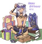  1boy :d ^_^ arm_up belt birthday black_choker black_gloves black_shirt black_shorts book book_stack box card choker closed_eyes collarbone commentary crop_top cyno_(genshin_impact) dark-skinned_male dark_skin dated dice egyptian_clothes envelope fingerless_gloves flower flower_wreath genius_invokation_tcg genshin_impact gift gift_box gloves gold_trim hair_over_one_eye happy_birthday head_wreath letter long_hair male_focus no_headwear open_mouth padisarah_flower parted_bangs pelvic_curtain playing_card purple_flower quill red_flower red_rose resso_(resso_oo) rose shirt short_sleeves shorts simple_background sitting smile solo stuffed_animal stuffed_toy sumeru_rose_(genshin_impact) swept_bangs symbol-only_commentary teeth upper_teeth_only usekh_collar white_background white_hair 