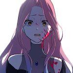  1girl alien_stage black_dress blood blood_on_clothes blood_on_face collarbone dress furrowed_brow hair_intakes highres jj1105 long_hair looking_at_viewer mizi_(alien_stage) open_mouth pink_hair scared solo very_long_hair wide-eyed 
