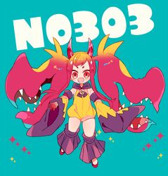  1girl blue_background blush crystal_horns detached_pants detached_sleeves extra_mouth eyelashes fang full_body horns long_hair looking_at_viewer mawile mega_mawile mega_pokemon no_nose open_mouth personification pink_footwear pink_hair pink_horns pokemon romper sharp_teeth solo teeth twintails wide_sleeves yuzu_ichika 