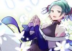  1girl bare_shoulders biseibutu dress earrings flower gloves gnosia green_eyes green_hair happy highres jewelry looking_at_viewer open_mouth own_hands_together short_hair sleeveless sleeveless_dress smile solo stella_(gnosia) upper_body 