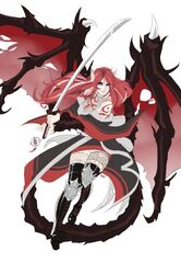  1girl boots demon_wings holding holding_sword holding_weapon japanese_clothes kimono long_hair pointy_ears redhead sinccubi sword tail tattoo weapon white_background wings 